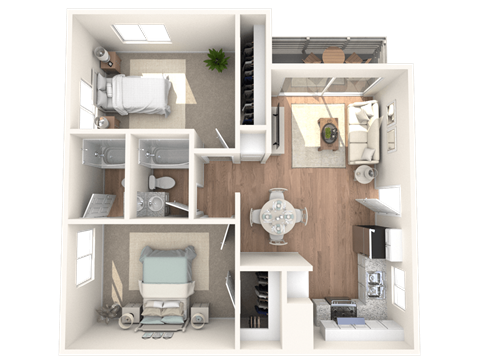 Floor plan for 2 beds, 2 baths, 1000 sqft